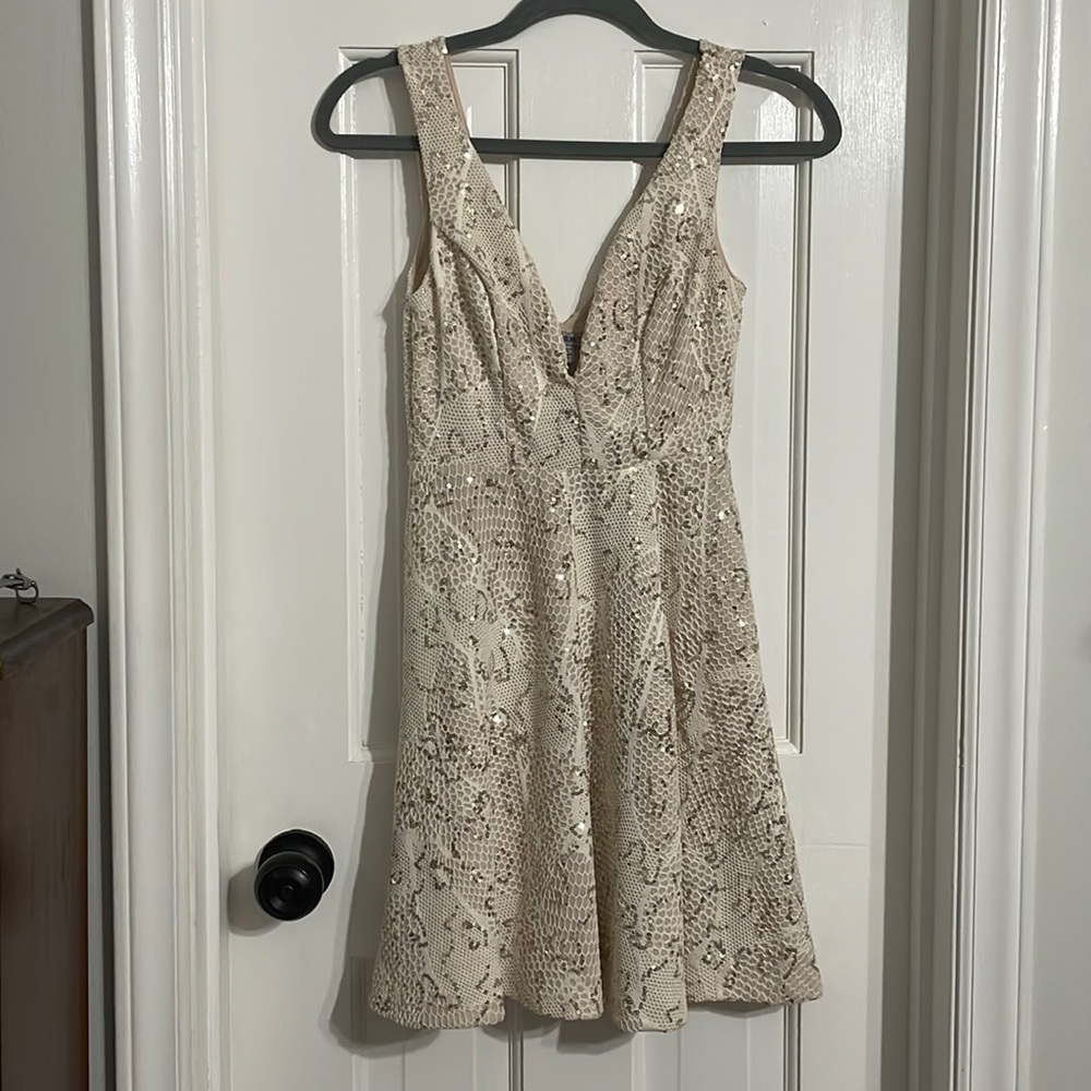 Bailey blue - cream cocktail dress with gold sequins - size small